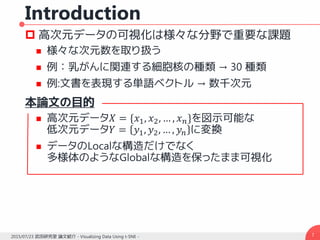 Introduction
 高次元データの可視化は様々な分野で重要な課題
 様々な次元数を取り扱う
 例：乳がんに関連する細胞核の種類 → 30 種類
 例:文書を表現する単語ベクトル → 数千次元
本論文の目的
 高次元データ𝑋 = {𝑥1, 𝑥2, … , 𝑥 𝑛}を図示可能な
低次元データ𝑌 = 𝑦1, 𝑦2, … , 𝑦𝑛 に変換
 データのLocalな構造だけでなく
多様体のようなGlobalな構造を保ったまま可視化
72015/07/23 武田研究室 論文紹介 - Visualizing Data Using t-SNE -
 
