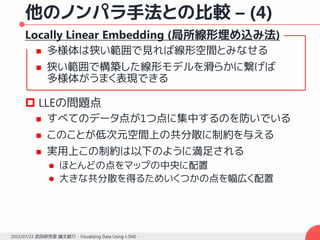 他のノンパラ手法との比較 – (4)
Locally Linear Embedding (局所線形埋め込み法)
 多様体は狭い範囲で見れば線形空間とみなせる
 狭い範囲で構築した線形モデルを滑らかに繋げば
多様体がうまく表現できる
 LLEの問題点
 すべてのデータ点が1つ点に集中するのを防いでいる
 このことが低次元空間上の共分散に制約を与える
 実用上この制約は以下のように満足される
 ほとんどの点をマップの中央に配置
 大きな共分散を得るためいくつかの点を幅広く配置
2015/07/23 武田研究室 論文紹介 - Visualizing Data Using t-SNE -
 
