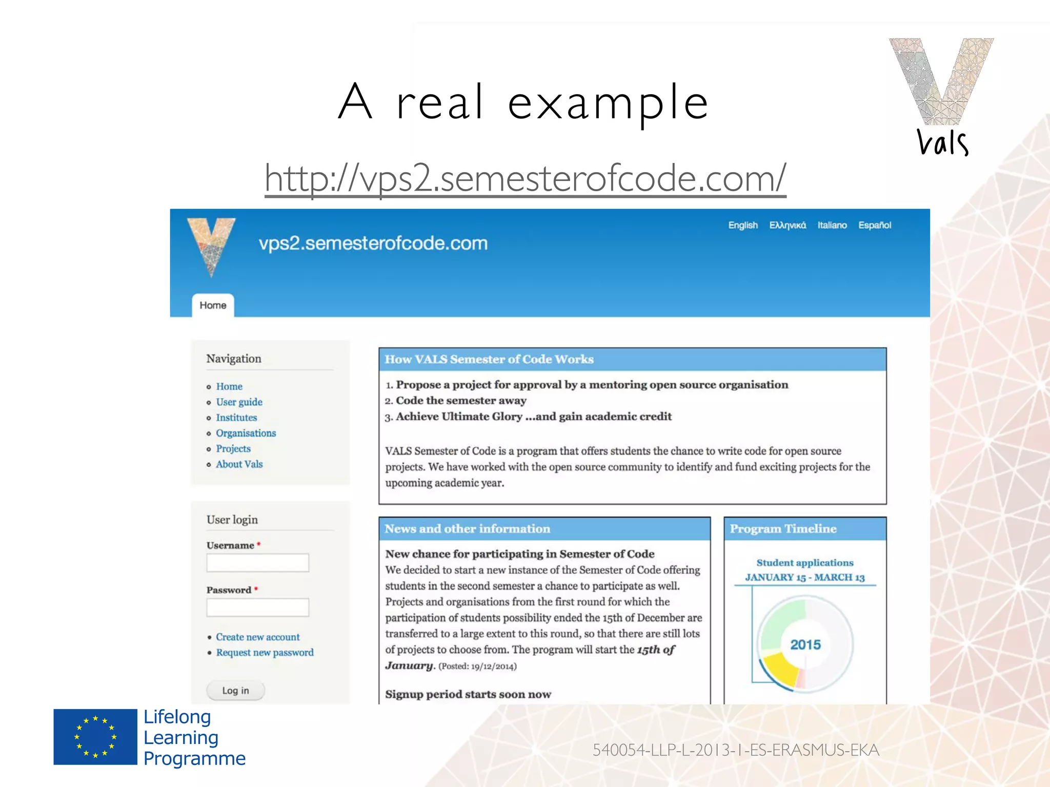 A real example
http://vps2.semesterofcode.com/
540054-LLP-L-2013-1-ES-ERASMUS-EKA
 