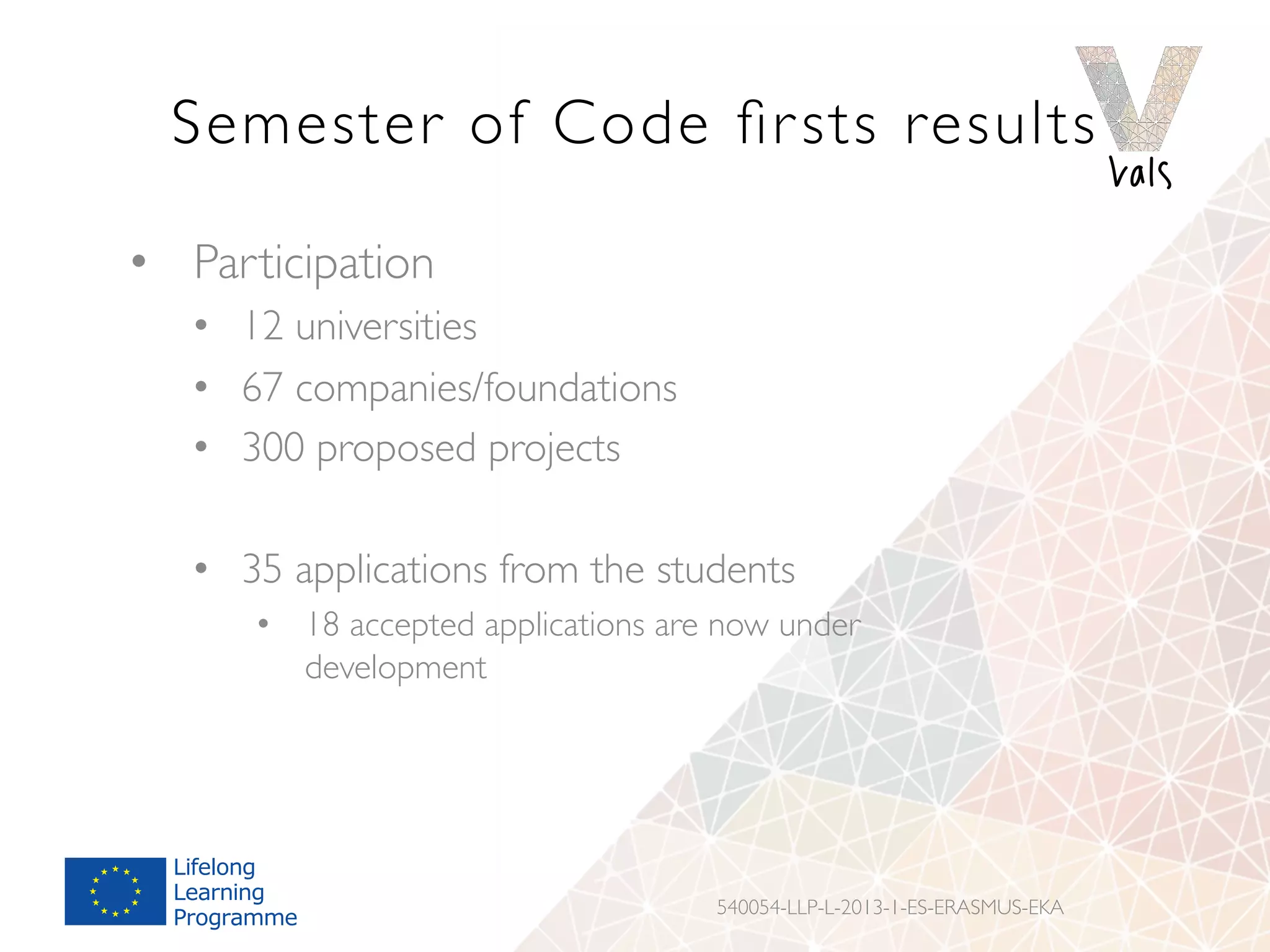 540054-LLP-L-2013-1-ES-ERASMUS-EKA
Semester of Code ﬁrsts results
•  Participation
•  12 universities
•  67 companies/foundations
•  300 proposed projects
•  35 applications from the students
•  18 accepted applications are now under
development
 