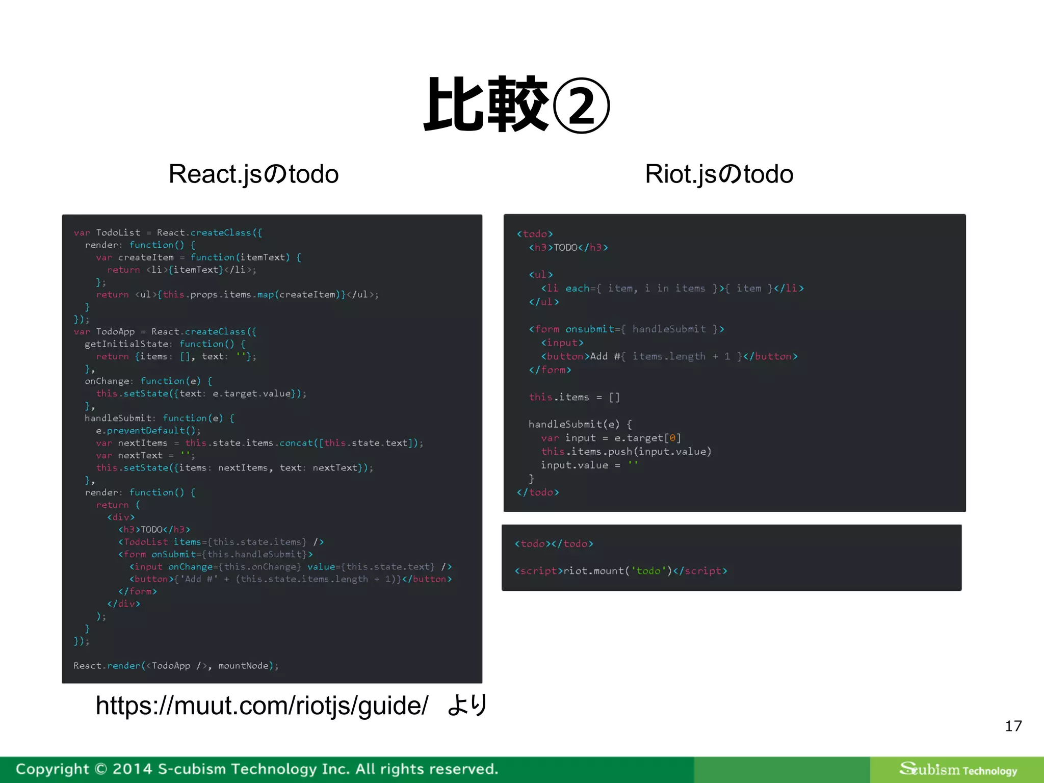 17
比較②
https://muut.com/riotjs/guide/ より
React.jsのtodo Riot.jsのtodo
 