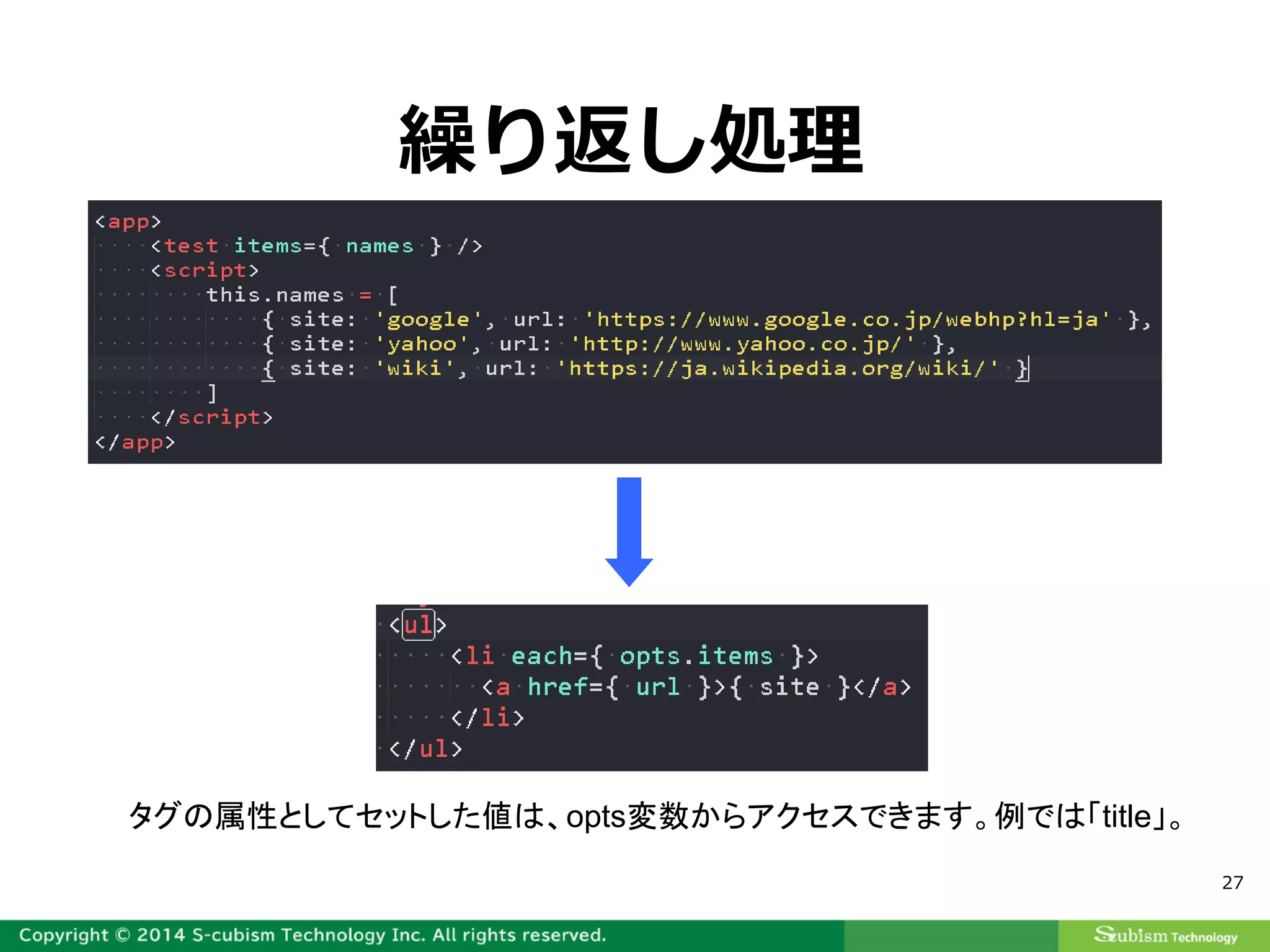 27
繰り返し処理
タグの属性としてセットした値は、opts変数からアクセスできます。例では「title」。
 