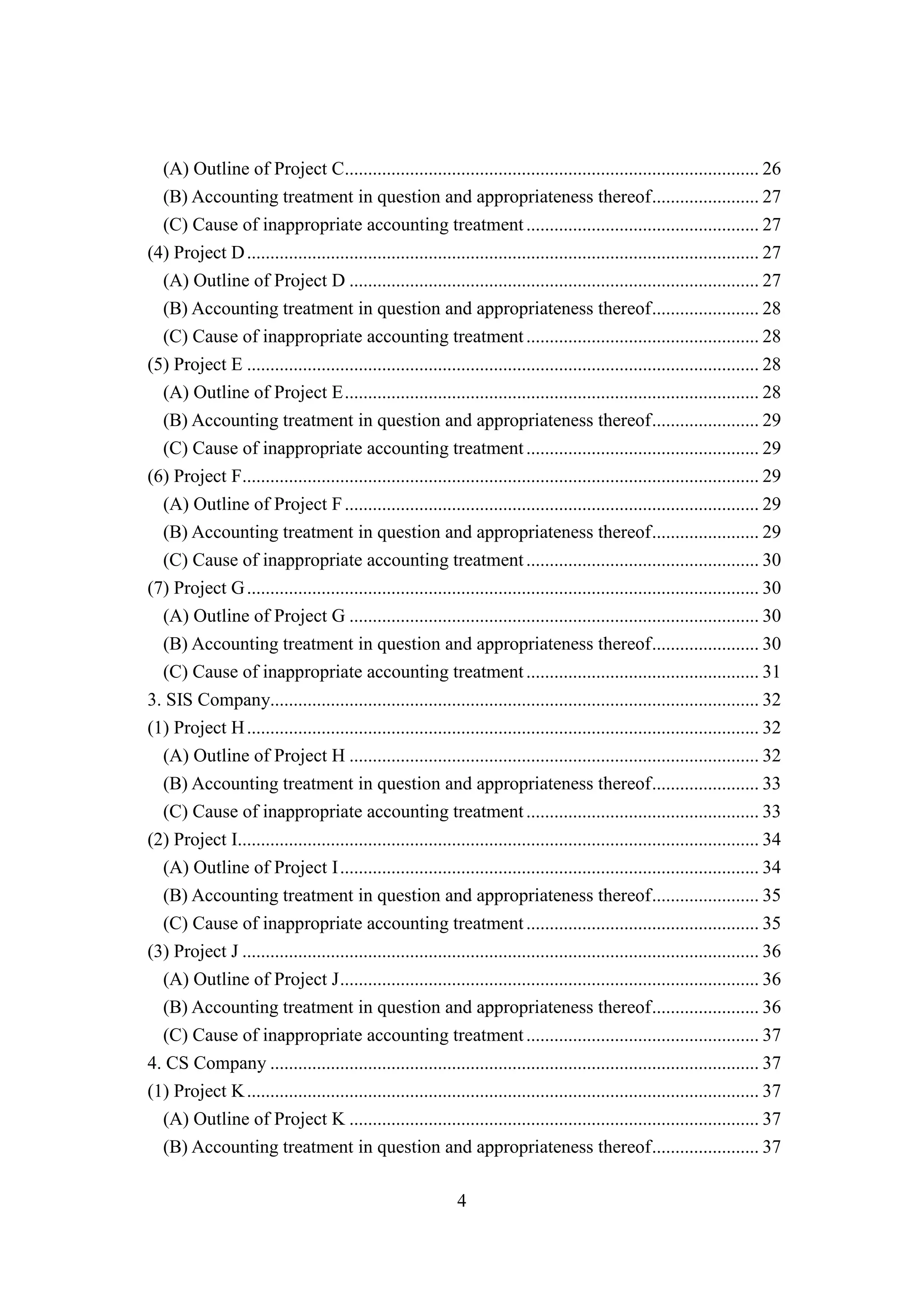 4
(A) Outline of Project C......................................................................................... 26
(B) Accounting treatment in question and appropriateness thereof....................... 27
(C) Cause of inappropriate accounting treatment.................................................. 27
(4) Project D.............................................................................................................. 27
(A) Outline of Project D ........................................................................................ 27
(B) Accounting treatment in question and appropriateness thereof....................... 28
(C) Cause of inappropriate accounting treatment.................................................. 28
(5) Project E .............................................................................................................. 28
(A) Outline of Project E......................................................................................... 28
(B) Accounting treatment in question and appropriateness thereof....................... 29
(C) Cause of inappropriate accounting treatment.................................................. 29
(6) Project F............................................................................................................... 29
(A) Outline of Project F......................................................................................... 29
(B) Accounting treatment in question and appropriateness thereof....................... 29
(C) Cause of inappropriate accounting treatment.................................................. 30
(7) Project G.............................................................................................................. 30
(A) Outline of Project G ........................................................................................ 30
(B) Accounting treatment in question and appropriateness thereof....................... 30
(C) Cause of inappropriate accounting treatment.................................................. 31
3. SIS Company......................................................................................................... 32
(1) Project H.............................................................................................................. 32
(A) Outline of Project H ........................................................................................ 32
(B) Accounting treatment in question and appropriateness thereof....................... 33
(C) Cause of inappropriate accounting treatment.................................................. 33
(2) Project I................................................................................................................ 34
(A) Outline of Project I.......................................................................................... 34
(B) Accounting treatment in question and appropriateness thereof....................... 35
(C) Cause of inappropriate accounting treatment.................................................. 35
(3) Project J ............................................................................................................... 36
(A) Outline of Project J.......................................................................................... 36
(B) Accounting treatment in question and appropriateness thereof....................... 36
(C) Cause of inappropriate accounting treatment.................................................. 37
4. CS Company ......................................................................................................... 37
(1) Project K.............................................................................................................. 37
(A) Outline of Project K ........................................................................................ 37
(B) Accounting treatment in question and appropriateness thereof....................... 37
 
