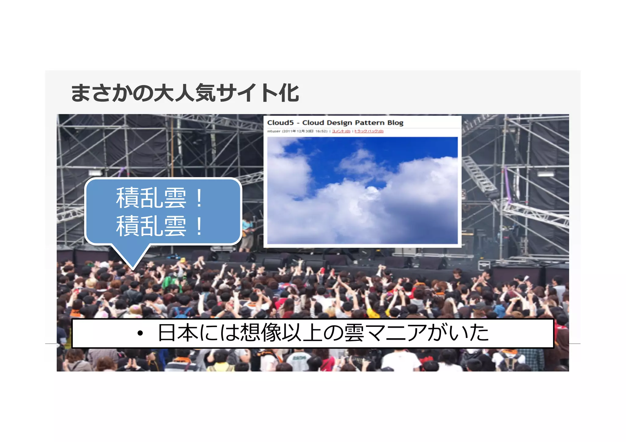 •  ⽇日本には想像以上の雲マニアがいた
まさかの⼤大⼈人気サイト化
積乱雲！
積乱雲！
 