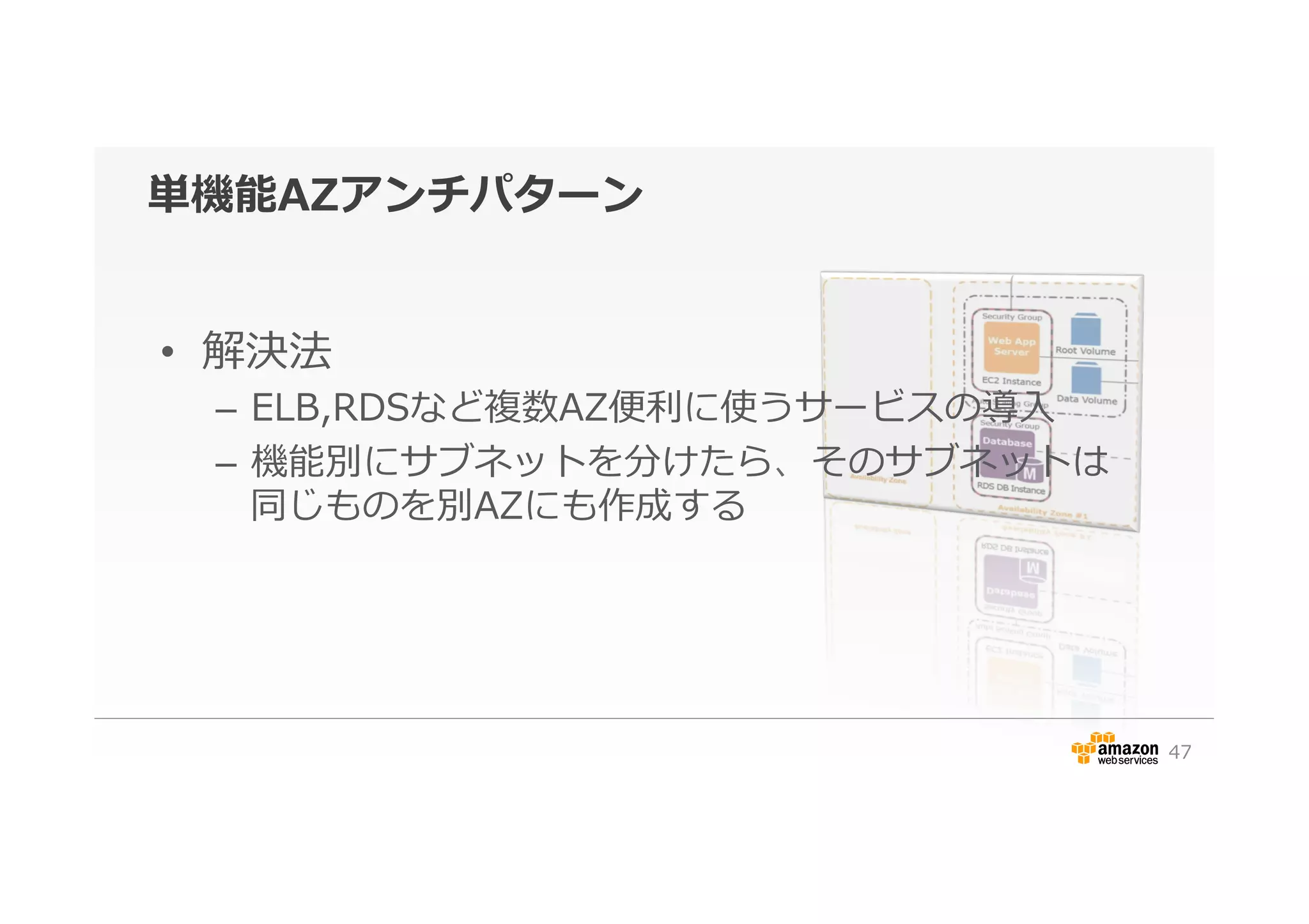 単機能AZアンチパターン
•  解決法
–  ELB,RDSなど複数AZ便便利利に使うサービスの導⼊入
–  機能別にサブネットを分けたら、そのサブネットは
同じものを別AZにも作成する
47
 