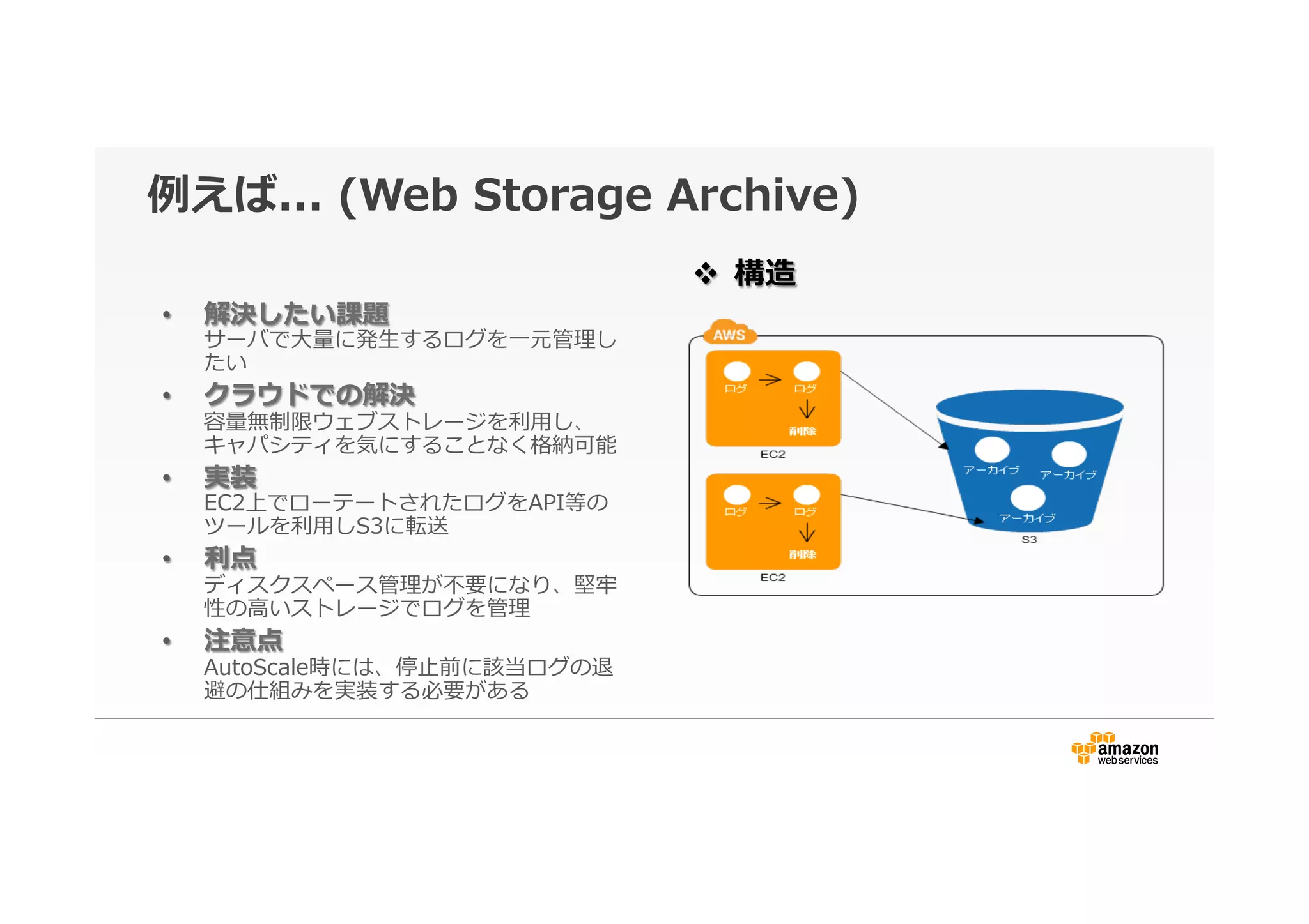例例えば...  (Web  Storage  Archive)
•  解決したい課題
サーバで⼤大量量に発⽣生するログを⼀一元管理理し
たい
•  クラウドでの解決
容量量無制限ウェブストレージを利利⽤用し、
キャパシティを気にすることなく格納可能
•  実装
EC2上でローテートされたログをAPI等の
ツールを利利⽤用しS3に転送
•  利利点
ディスクスペース管理理が不不要になり、堅牢牢
性の⾼高いストレージでログを管理理
•  注意点
AutoScale時には、停⽌止前に該当ログの退
避の仕組みを実装する必要がある
v  構造
 