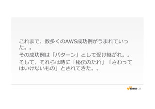 これまで、数多くのAWS成功例例がうまれていっ
た。。
その成功例例は「パターン」として受け継がれ。。
そして、それらは時に「秘伝のたれ」「さわって
はいけないもの」とされてきた。。
26
 