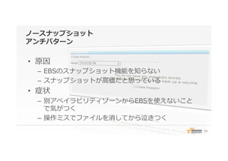 ノースナップショット
アンチパターン
•  原因
–  EBSのスナップショット機能を知らない
–  スナップショットが⾼高価だと思っている
•  症状
–  別アベイラビリティゾーンからEBSを使えないこと
で気がつく
–  操作ミスでファイルを消してから泣きつく
34
 