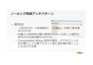 ノールック明細アンチパターン
•  解決法
–  「AWSサポート新規契約」「RI購⼊入」の際に請求書
がわかれる
–  RI購⼊入は契約時の購⼊入費⽤用分のみ  /  サポート契約は
初⽉月分のみ請求書が分かれる
–  Consolidated  Billing  使⽤用の場合、⼦子アカウントが
RIを購⼊入しても親アカウント宛に請求書が届くこと
になるので注意
61
 