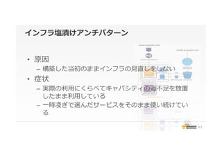 インフラ塩漬けアンチパターン
•  原因
–  構築した当初のままインフラの⾒見見直しをしない
•  症状
–  実際の利利⽤用にくらべてキャパシティの過不不⾜足を放置
したまま利利⽤用している
–  ⼀一時凌凌ぎで選んだサービスをそのまま使い続けてい
る
63
 