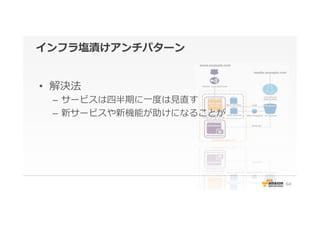 インフラ塩漬けアンチパターン
•  解決法
–  サービスは四半期に⼀一度度は⾒見見直す
–  新サービスや新機能が助けになることが
64
 