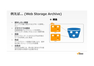 例例えば...  (Web  Storage  Archive)
•  解決したい課題
サーバで⼤大量量に発⽣生するログを⼀一元管理理し
たい
•  クラウドでの解決
容量量無制限ウェブストレージを利利⽤用し、
キャパシティを気にすることなく格納可能
•  実装
EC2上でローテートされたログをAPI等の
ツールを利利⽤用しS3に転送
•  利利点
ディスクスペース管理理が不不要になり、堅牢牢
性の⾼高いストレージでログを管理理
•  注意点
AutoScale時には、停⽌止前に該当ログの退
避の仕組みを実装する必要がある
v  構造
 