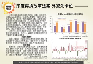 警語：本文提及之經濟走勢預測不必然代表基金之績效，基金投資風險請參閱基金公開說明書
Copyright	
  ©	
  2014	
  Ezfunds	
  Securi:es	
  Investment	
  Consul:ng	
  Enterprise	
  Ltd.
警語：本文提及之經濟走勢預測不必然代表基金之績效，基金投資風險請參閱基金公開說明書
企業財報則是近期印度股市的另一焦點，彭博預估，
印度Sensex指數前三十大企業上季獲利，可望較去年小
幅成長3.4%，營收則小幅下滑2個百分點，主要是受到
能源與原物料類股拖累所致。21日印度首家公佈季報的
大型銀行HDFC，獲利較去年同期大幅成長20.7%，但仍
略遜於預期的21.6%，主要是壞帳比率微幅上升；至於
資訊軟體龍頭Infosys的上季獲利則大致符合預期，年增
5.0%，該公司並且對未來三季的營收展望表示樂觀。
至於2015年全年度的財報表現，彭博預估今年企業
盈餘有兩成的增幅，而2015、2016年企業營收與獲利都
可望維持雙位數成長動能。
外資陸續歸隊
截至7月17日，外資在印度已連兩週呈現淨買超，買
超幅度亦為4月底以來單週最大，或許今年下半年也有機
會見到外資在第二季調節之後，資金再次進場的情形。
投資建議
總結來說，印度的改革紅利並未消失，企業獲利展望
則因產業不同有所差異，但大方向是樂觀的，同時印度
也是低油價的受益者，油價下跌有助於縮小貿易與經常
帳赤字並控制通膨，股市過去在油價下跌期間亦表現不
俗，是目前少數建議可分批佈局的新興市場標的。
以上資料來源(除特別註明)：先鋒整理
以上資料時間(除特別註明)：截至2015/7/21
印度再拚改革法案 外資先卡位 

10
印度Sensex指數成分企業財報預估 

資料來源：Bloomberg 資料時間：2009/7/22
印度股市外資每週淨買超金額 

資料來源：Bloomberg 資料時間：2009/7/17
 