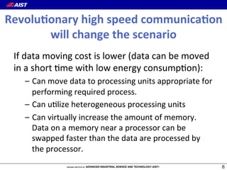 Revolu:onary(high(speed(communica:on(
will(change(the(scenario
If(data(moving(cost(is(lower((data(can(be(moved(
in(a(short(@me(with(low(energy(consump@on):(
–  Can(move(data(to(processing(units(appropriate(for(
performing(required(process.(
–  Can(u@lize(heterogeneous(processing(units(
–  Can(virtually(increase(the(amount(of(memory.(
Data(on(a(memory(near(a(processor(can(be(
swapped(faster(than(the(data(are(processed(by(
the(processor.((
 