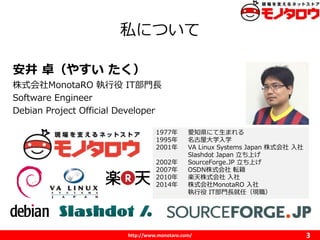 http://www.monotaro.com/
˽ˤĤ
3
 ׿䤹 
ʽMonotaRO  ITTL
Software Engineer
Debian Project Official Developer
1977 ֪hˤޤ
1995 ݴѧѧ
2001 VA Linux Systems Japan ʽ 
Slashdot Japan Ϥ
2002 SourceForge.JP Ϥ
2007 OSDNʽ ܞ
2010 Sʽ 
2014 ʽMonotaRO 
 ITTLΣF
 