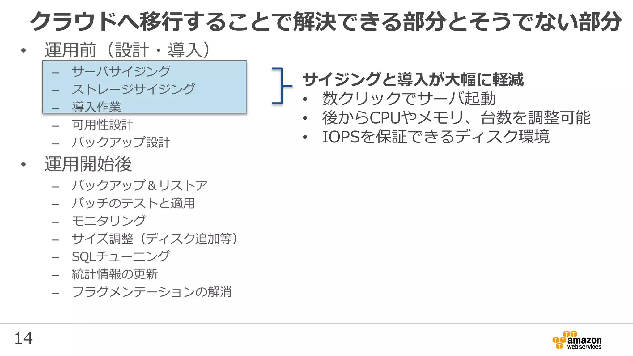 14
クラウドへ移行することで解決できる部分とそうでない部分
サイジングと導入が大幅に軽減
• 数クリックでサーバ起動
• 後からCPUやメモリ、台数を調整可能
• IOPSを保証できるディスク環境
• 運用前（設計・導入）
– サーバサイジング
– ストレージサイジング
– 導入作業
– 可用性設計
– バックアップ設計
• 運用開始後
– バックアップ＆リストア
– パッチのテストと適用
– モニタリング
– サイズ調整（ディスク追加等）
– SQLチューニング
– 統計情報の更新
– フラグメンテーションの解消
 