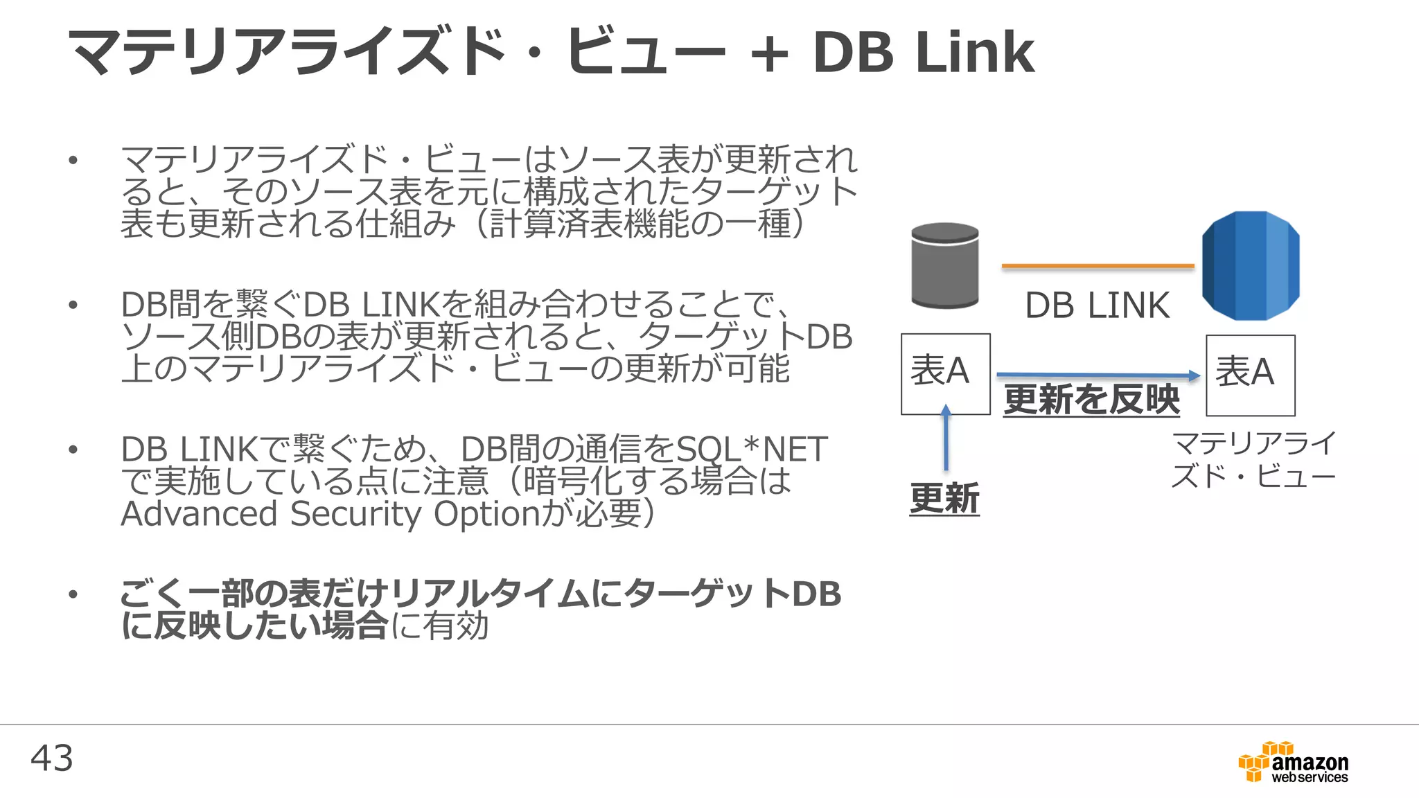 43
マテリアライズド・ビュー + DB Link
• マテリアライズド・ビューはソース表が更新され
ると、そのソース表を元に構成されたターゲット
表も更新される仕組み（計算済表機能の一種）
• DB間を繋ぐDB LINKを組み合わせることで、
ソース側DBの表が更新されると、ターゲットDB
上のマテリアライズド・ビューの更新が可能
• DB LINKで繋ぐため、DB間の通信をSQL*NET
で実施している点に注意（暗号化する場合は
Advanced Security Optionが必要）
• ごく一部の表だけリアルタイムにターゲットDB
に反映したい場合に有効
DB LINK
表A 表A
マテリアライ
ズド・ビュー
更新
更新を反映
 
