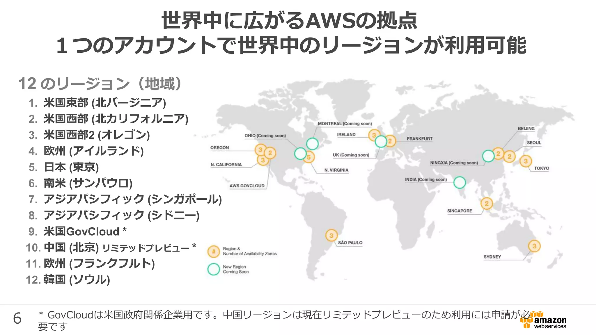 6
世界中に広がるAWSの拠点
１つのアカウントで世界中のリージョンが利用可能
12 のリージョン（地域）
1. 米国東部 (北バージニア)
2. 米国西部 (北カリフォルニア)
3. 米国西部2 (オレゴン)
4. 欧州 (アイルランド)
5. 日本 (東京)
6. 南米 (サンパウロ)
7. アジアパシフィック (シンガポール)
8. アジアパシフィック (シドニー)
9. 米国GovCloud *
10. 中国 (北京) リミテッドプレビュー *
11. 欧州 (フランクフルト)
12. 韓国 (ソウル)
* GovCloudは米国政府関係企業用です。中国リージョンは現在リミテッドプレビューのため利用には申請が必
要です
 