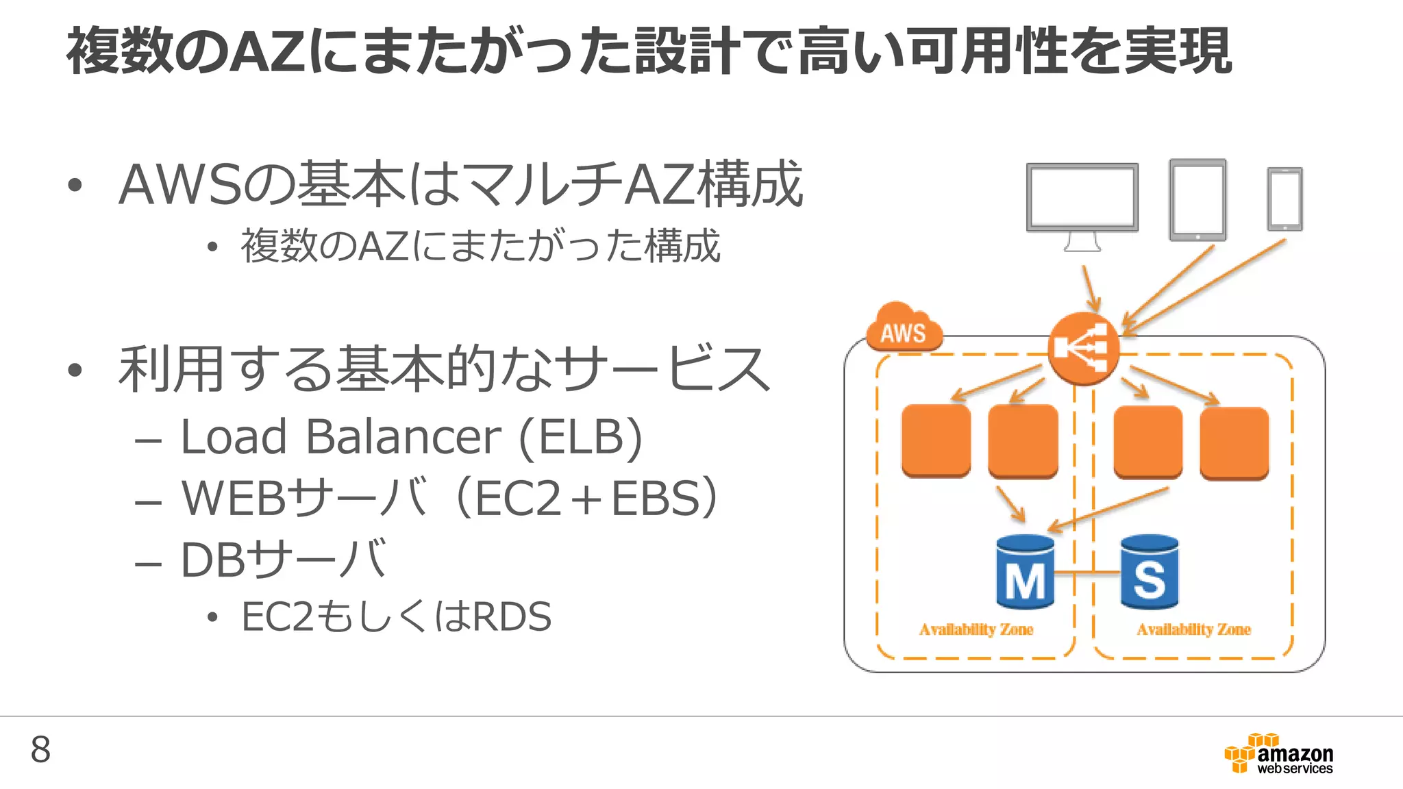 8
複数のAZにまたがった設計で高い可用性を実現
• AWSの基本はマルチAZ構成
• 複数のAZにまたがった構成
• 利用する基本的なサービス
– Load Balancer (ELB)
– WEBサーバ（EC2＋EBS）
– DBサーバ
• EC2もしくはRDS
 