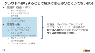 19
クラウドへ移行することで解決できる部分とそうでない部分
• 運用前（設計・導入）
– サーバサイジング
– ストレージサイジング
– 導入作業
– 可用性設計
– バックアップ設計
• 運用開始後
– バックアップ＆リストア
– パッチのテストと適用
– モニタリング
– サイズ調整（ディスク追加等）
– SQLチューニング
– 統計情報の更新
– フラグメンテーションの解消
可用性、バックアップ＆リストア、
モニタリングといった、基本要件が
設計済みのRDSを利用することで解消
サイズ調整が極めて容易に
 