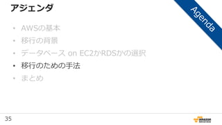 35
アジェンダ
• AWSの基本
• 移行の背景
• データベース on EC2かRDSかの選択
• 移行のための手法
• まとめ
 