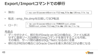 48
Export/Importコマンドでの移行
• 抽出:
• 転送：emp_file.dmpを圧縮してSCP転送
• ロード:
考慮点
• データが小さく、移行先がOracle on EC2の場合は、ファイル転送
せずに直接ソースDB側からimpコマンドを実行することも可能。
その場合、サーバ間の通信はSQL*Netになる点に注意
• 移行先がRDSの場合にはOracle Clientを導入済のEC2が必要になる
> exp userID/password@$service FILE=exp_file.dmp LOG=exp_file.log
> imp userID/password@$service FROMUSER=cust_schema
TOUSER=cust_schema FILE=exp_file.dmp LOG=imp_file.log
 