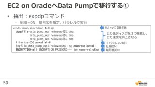 50
EC2 on OracleへData Pumpで移行する①
• 抽出：expdpコマンド
– 圧縮＝ON、暗号化を指定、パラレルで実行
expdp demoreinv/demo full=y
dumpfile=data_pump_exp:reinvexp1$U.dmp,
data_pump_exp:reinvexp2$U.dmp,
data_pump_exp:reinvexp2$U.dmp
filesize=20G parallel=8
logfile_data_pump_exp1:reinvexpdp.log compression=all
ENCRYPTION=all ENCRYPTION_PASSWORD=… job_name=reInvExp
full=yでDB全体
出力先ディスクを３つ用意し、
出力速度を向上させる
８パラレル実行
暗号化ON
圧縮ON
 