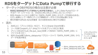 53
RDSをターゲットにData Pumpで移行する
• ターゲットDBがRDSの場合は注意が必要
– RDSにはSSHログインできないしSCPもできない。しかしData Pumpでロード
するデータ（ファイル）は、Oracleと同じOS上に存在しないといけない
– RDS Oracle 11.2.0.3 以降では「DATA_PUMP_DIR」からデータを読み込める。
ただし結果として一時的にディスク領域はデータサイズの2倍必要になる
– 移行作業中はMulti-AZは非推奨（巨大DBをRDSに移行する場合）
• 流れ
1. AWS上に「ブリッジEC2」を立て、そこにOracle Clientを導入
2. ソースDBでexportした*.dmpファイルをブリッジEC2に転送
3. ブリッジEC2からutl_file.put_raw()を使ってRDSの「DATA_PUMP_DIR」に
ファイルをコピー
4. RDS Oracle側でdbms_datapump.*プロシージャで「DATA_PUMP_DIR」から
データを読み取る
Tsunami
UDP
Oracle Client
(ブリッジEC2)
Util_file.put
_raw()
DATA_PUMP_DIR
• dbms_datapump.add_file
• dbms_datapump.start_job
※サンプルスクリ
プトがホワイト
ペーパーに掲載さ
れています
 