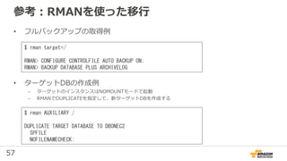 57
参考：RMANを使った移行
• フルバックアップの取得例
• ターゲットDBの作成例
– ターゲットのインスタンスはNOMOUNTモードで起動
– RMANでDUPLICATEを指定して、新ターゲットDBを作成する
$ rman target=/
RMAN> CONFIGURE CONTROLFILE AUTO BACKUP ON;
RMAN> BACKUP DATABASE PLUS ARCHIVELOG
$ rman AUXILIARY /
DUPLICATE TARGET DATABASE TO DBONEC2
SPFILE
NOFILENAMECHECK;
 
