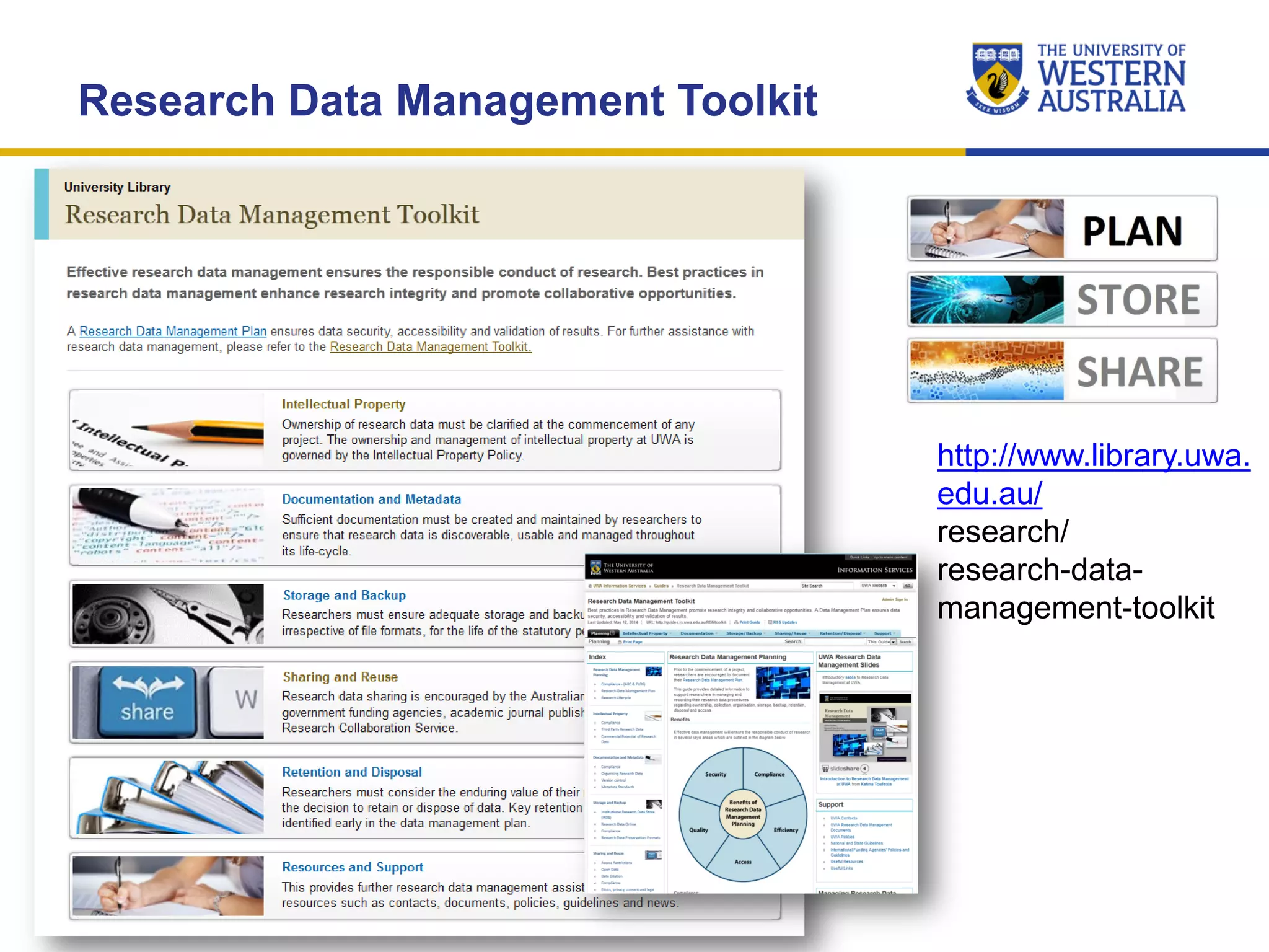 Research Data Management Toolkit
http://www.library.uwa.
edu.au/
research/
research-data-
management-toolkit
 