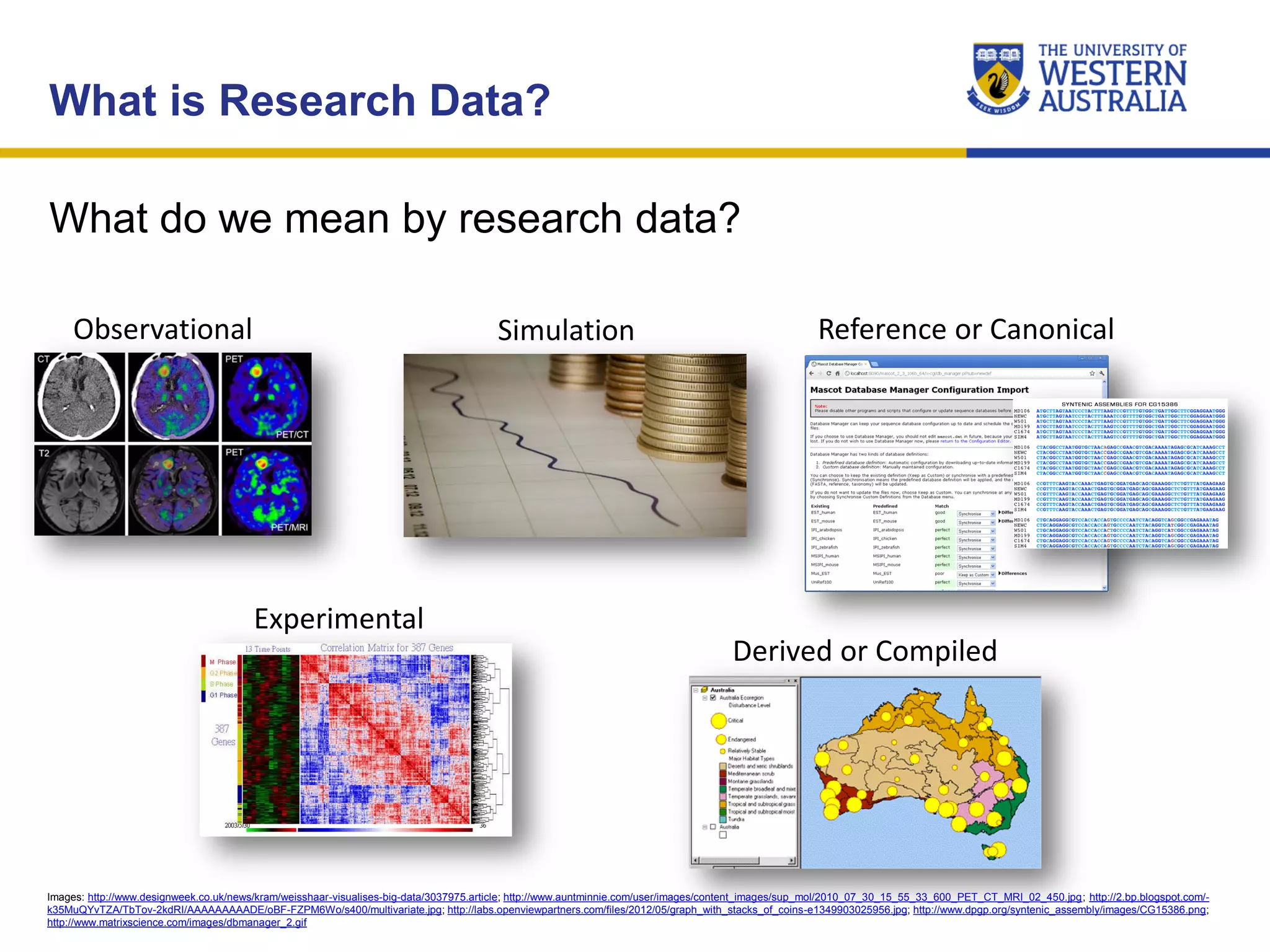 What do we mean by research data?
What is Research Data?
Observational
Experimental
Simulation
Derived or Compiled
Reference or Canonical
Images: http://www.designweek.co.uk/news/kram/weisshaar-visualises-big-data/3037975.article; http://www.auntminnie.com/user/images/content_images/sup_mol/2010_07_30_15_55_33_600_PET_CT_MRI_02_450.jpg; http://2.bp.blogspot.com/-
k35MuQYvTZA/TbTov-2kdRI/AAAAAAAAADE/oBF-FZPM6Wo/s400/multivariate.jpg; http://labs.openviewpartners.com/files/2012/05/graph_with_stacks_of_coins-e1349903025956.jpg; http://www.dpgp.org/syntenic_assembly/images/CG15386.png;
http://www.matrixscience.com/images/dbmanager_2.gif
 