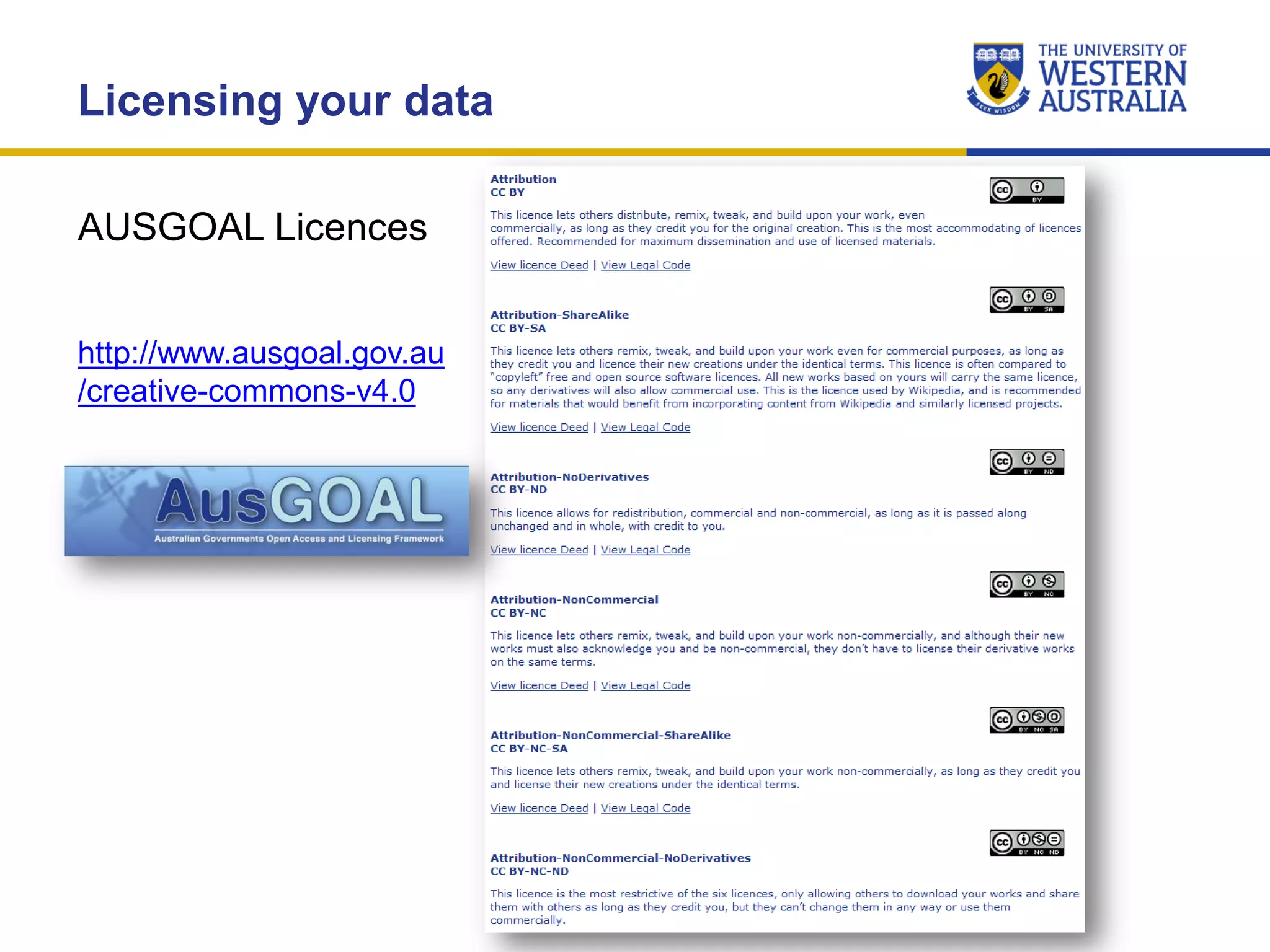 AUSGOAL Licences
Licensing your data
http://www.ausgoal.gov.au
/creative-commons-v4.0
 