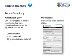 Recent Case Study
IRDS vs Dropbox
HDR student query
Can I use Dropbox to transfer
confidential data from
international com...