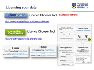 Licence Chooser Tool
Licensing your data
http://www.ausgoal.gov.au/licence-chooser
Currently Offline
Licence Chooser Tool
...