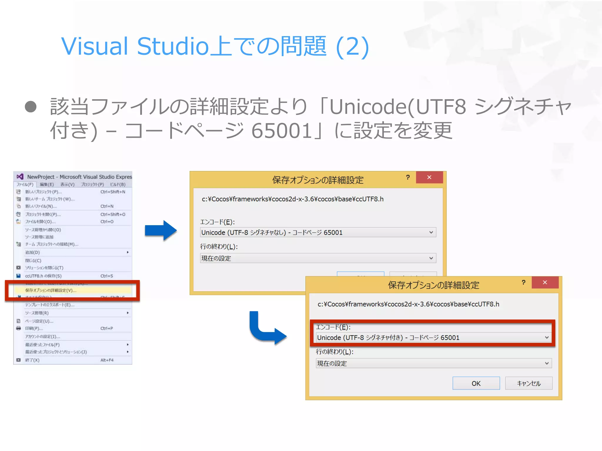 Visual Studio上での問題 (2)
 該当ファイルの詳細設定より「Unicode(UTF8 シグネチャ
付き) – コードページ 65001」に設定を変更
 