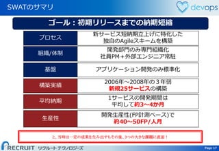 Page 17 Page 17
SWATのサマリ
プロセス
新サービス短納期立上げに特化した
独自のAgileスキームを構築
組織/体制
開発部門のみ専門組織化
社員PM＋外部エンジニア常駐
基盤 アプリケーション開発のみ標準化
構築実績
2006年～2008年の３年弱
新規25サービスの構築
平均納期
1サービスの開発期間は
平均して約3～4か月
生産性
開発生産性(FP計測ベース)で
約40～50FP/人月
ゴール：初期リリースまでの納期短縮
と、当時は一定の成果を生み出すもその後、3つの大きな課題に直面！
 