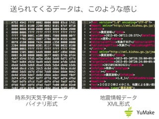 送られてくるデータは、このような感じ
時系列天気予報データ
バイナリ形式
地震情報データ
XML形式
 