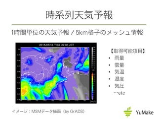 【取得可能項目】
•  雨量
•  雲量
•  気温
•  湿度
•  気圧
 …etc
時系列天気予報
イメージ：MSMデータ描画（by GrADS）
1時間単位の天気予報 / 5km格子のメッシュ情報
 