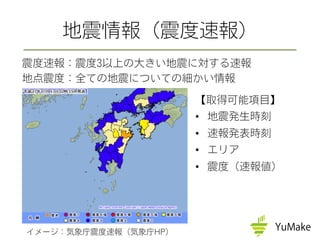 【取得可能項目】
•  地震発生時刻
•  速報発表時刻
•  エリア
•  震度（速報値）
地震情報（震度速報）
イメージ：気象庁震度速報（気象庁HP）
震度速報：震度3以上の大きい地震に対する速報
地点震度：全ての地震についての細かい情報
 