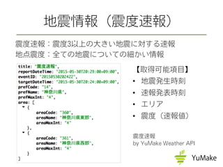【取得可能項目】
•  地震発生時刻
•  速報発表時刻
•  エリア
•  震度（速報値）
地震情報（震度速報）
震度速報
by YuMake Weather API
震度速報：震度3以上の大きい地震に対する速報
地点震度：全ての地震についての細かい情報
 