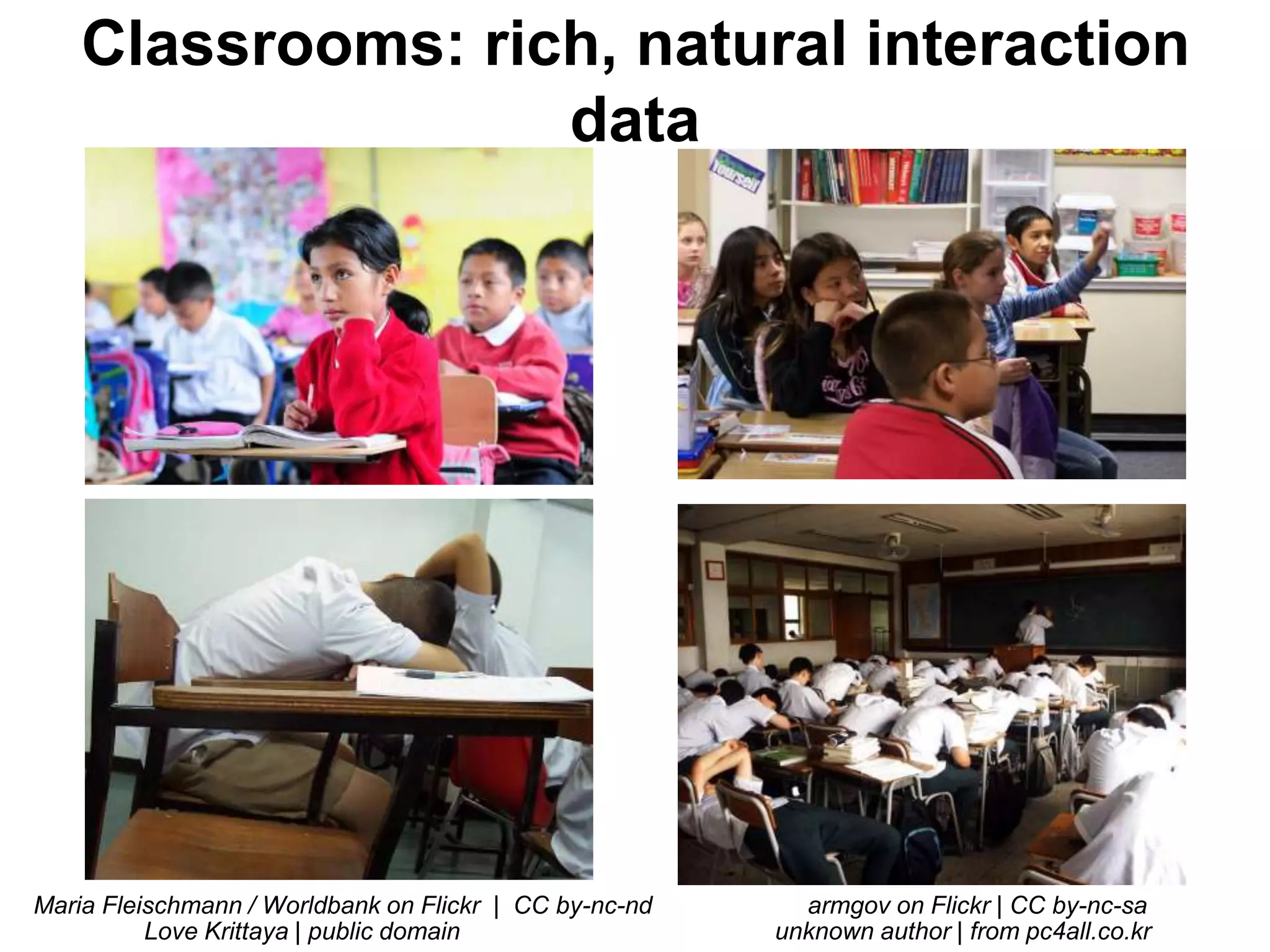 Classrooms: rich, natural interaction
data
armgov on Flickr | CC by-nc-saMaria Fleischmann / Worldbank on Flickr | CC by-nc-nd
Love Krittaya | public domain unknown author | from pc4all.co.kr
 