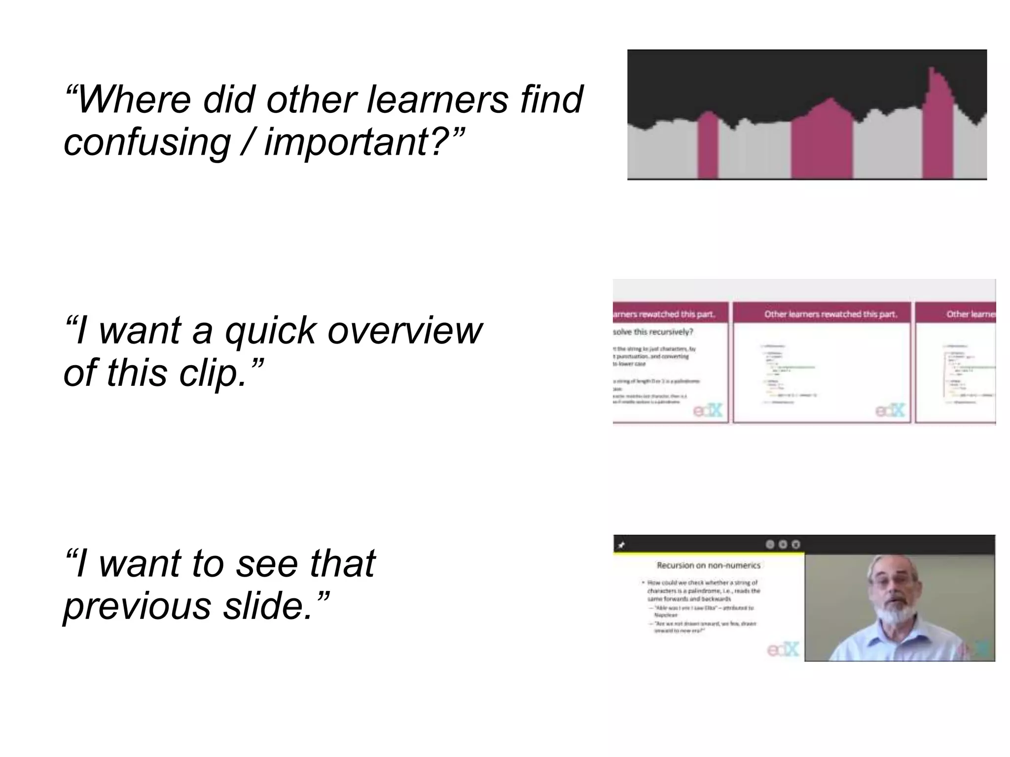 “Where did other learners find
confusing / important?”
“I want a quick overview
of this clip.”
“I want to see that
previous slide.”
 