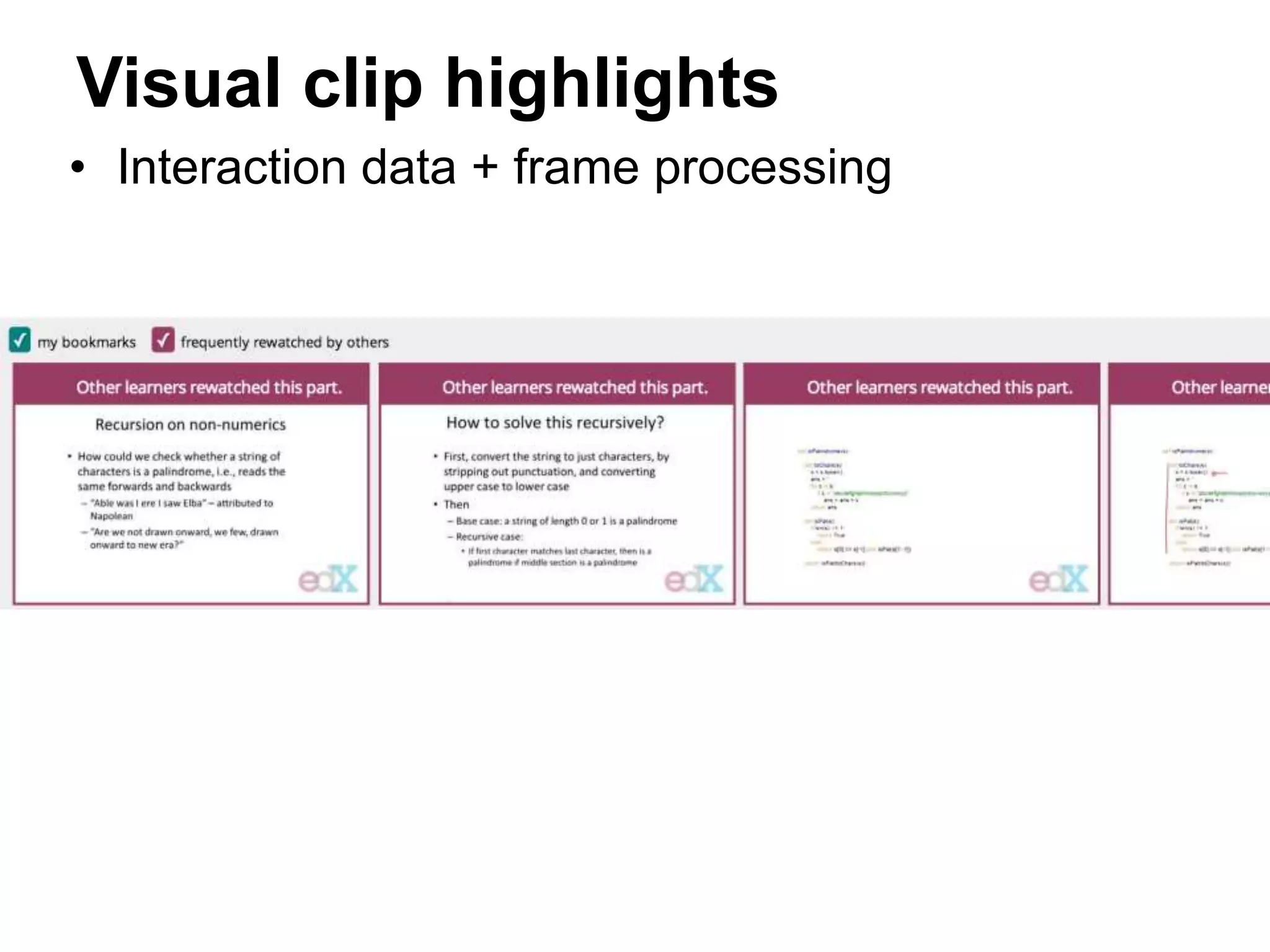 Visual clip highlights
• Interaction data + frame processing
 