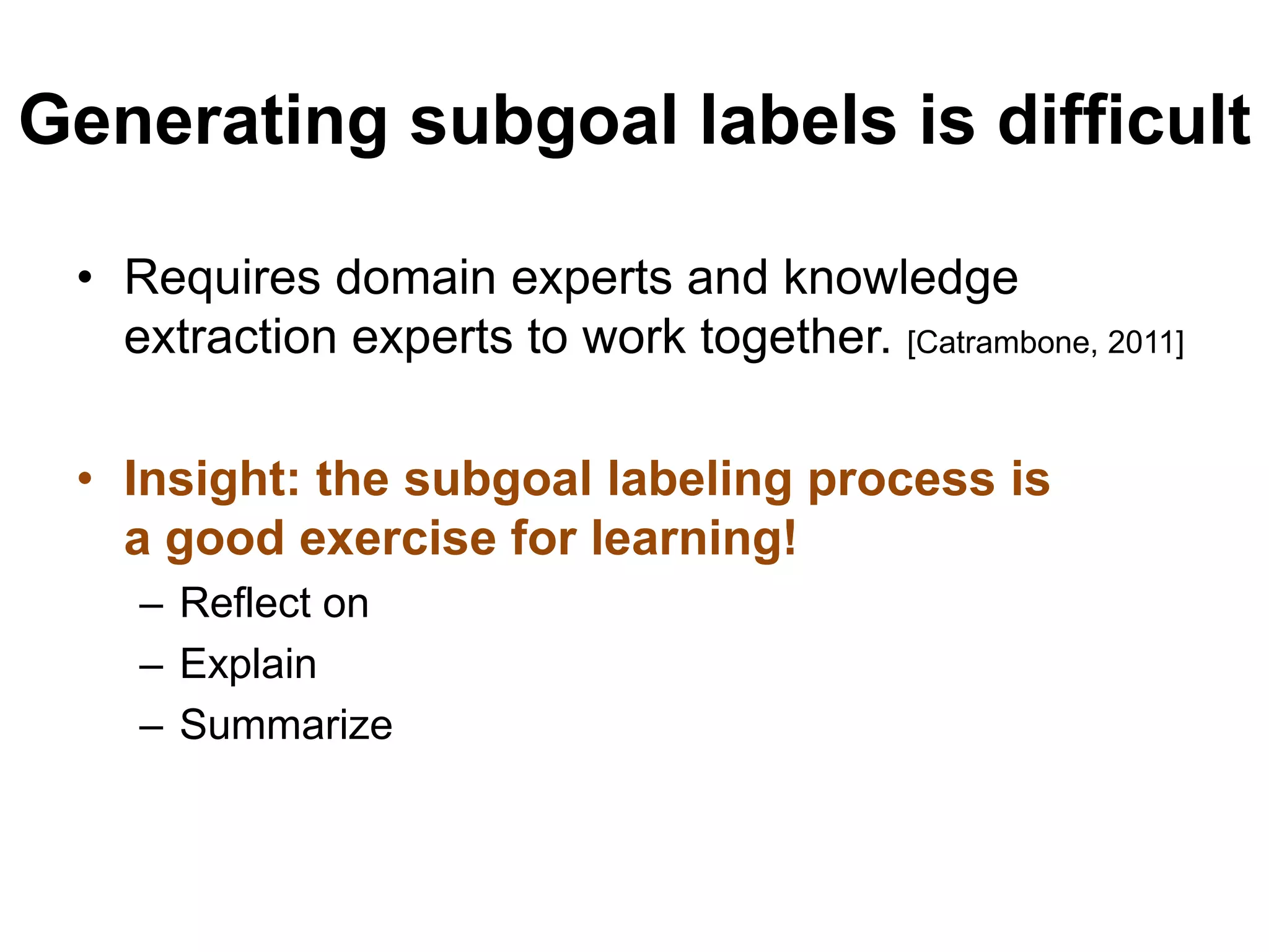 • Requires domain experts and knowledge
extraction experts to work together. [Catrambone, 2011]
• Insight: the subgoal labeling process is
a good exercise for learning!
– Reflect on
– Explain
– Summarize
Generating subgoal labels is difficult
 