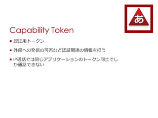 Capability Token
? J^åȩ`
? ⲿؤΰkŤοɷʤJ^vB򵣤
? IPͨԒǤͬץꥱ`Υȩ`ͬʿǤ
ͨԒǤʤ
 
