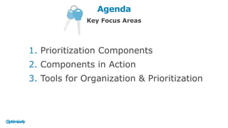 1. Prioritization Components
2. Components in Action
3. Tools for Organization & Prioritization
Agenda
Key Focus Areas
 
