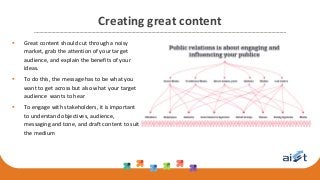 Creating great content
 Great content should cut through a noisy
market, grab the attention of your target
audience, and explain the benefits of your
ideas.
 To do this, the message has to be what you
want to get across but also what your target
audience wants to hear
 To engage with stakeholders, it is important
to understand objectives, audience,
messaging and tone, and draft content to suit
the medium
 