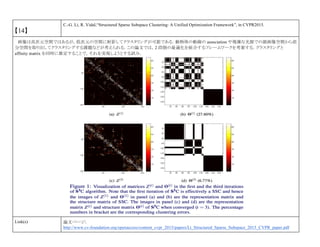 【14】
C.-G. Li, R. Vidal,“Structured Sparse Subspace Clustering: A Unified Optimization Framework”, in CVPR2015.
画像は高次元空間ではあるが，低次元の空間に射影してクラスタリングが可能である．動物体の動線の association や複雑な光源での顔画像空間から部
分空間を取り出してクラスタリングする課題などが考えられる．この論文では，2 段階の最適化を統合するフレームワークを考案する．クラスタリングと
affinity matrix を同時に推定することで，それを実現しようとする試み．
Link(s) 論文ページ:
http://www.cv-foundation.org/openaccess/content_cvpr_2015/papers/Li_Structured_Sparse_Subspace_2015_CVPR_paper.pdf
 