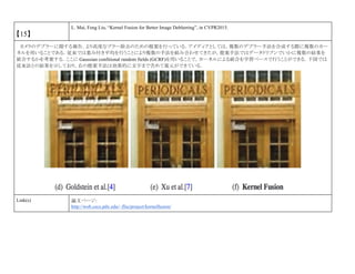 【15】
L. Mai, Feng Liu, “Kernel Fusion for Better Image Deblurring”, in CVPR2015.
カメラのデブラーに関する報告．より高度なブラー除去のための提案を行っている．アイディアとしては，複数のデブラー手法を合成する際に複数のカー
ネルを用いることである．従来では重み付き平均を行うことにより複数の手法を組み合わせてきたが，提案手法ではデータドリブンでいかに複数の結果を
統合するかを考案する．ここに Gaussian confitional random fields (GCRF)を用いることで，カーネルによる統合を学習ベースで行うことができる．下図では
従来法との結果を示しており，右の提案手法は効果的に文字まで含めて復元ができている．
Link(s) 論文ページ:
http://web.cecs.pdx.edu/~fliu/project/kernelfusion/
 