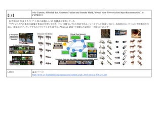 【18】
João Carreira, Abhishek Kar, Shubham Tulsiani and Jitendra Malik,“Virtual View Networks for Object Reconstruction”, in
CVPR2015.
仮想視点を作成することで，1 枚の画像から 3D 再構成を実現している．
“牛”というタグの多視点画像を事前に学習しておき，「牛とは得てしてこの形状である」というモデルを作成しておく．具体的には，ラベル付き特徴点を生
成し，多視点でマッチングすることでモデルを生成する．PASCAL VOC で実験した結果の一例を以下に示す．
Link(s) 論文ページ:
http://www.cv-foundation.org/openaccess/content_cvpr_2015/ext/2A_078_ext.pdf
 